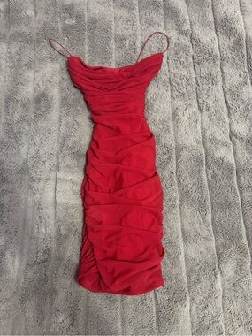 Oh Polly Red Ruched Spaghetti-Strap Mini Dress